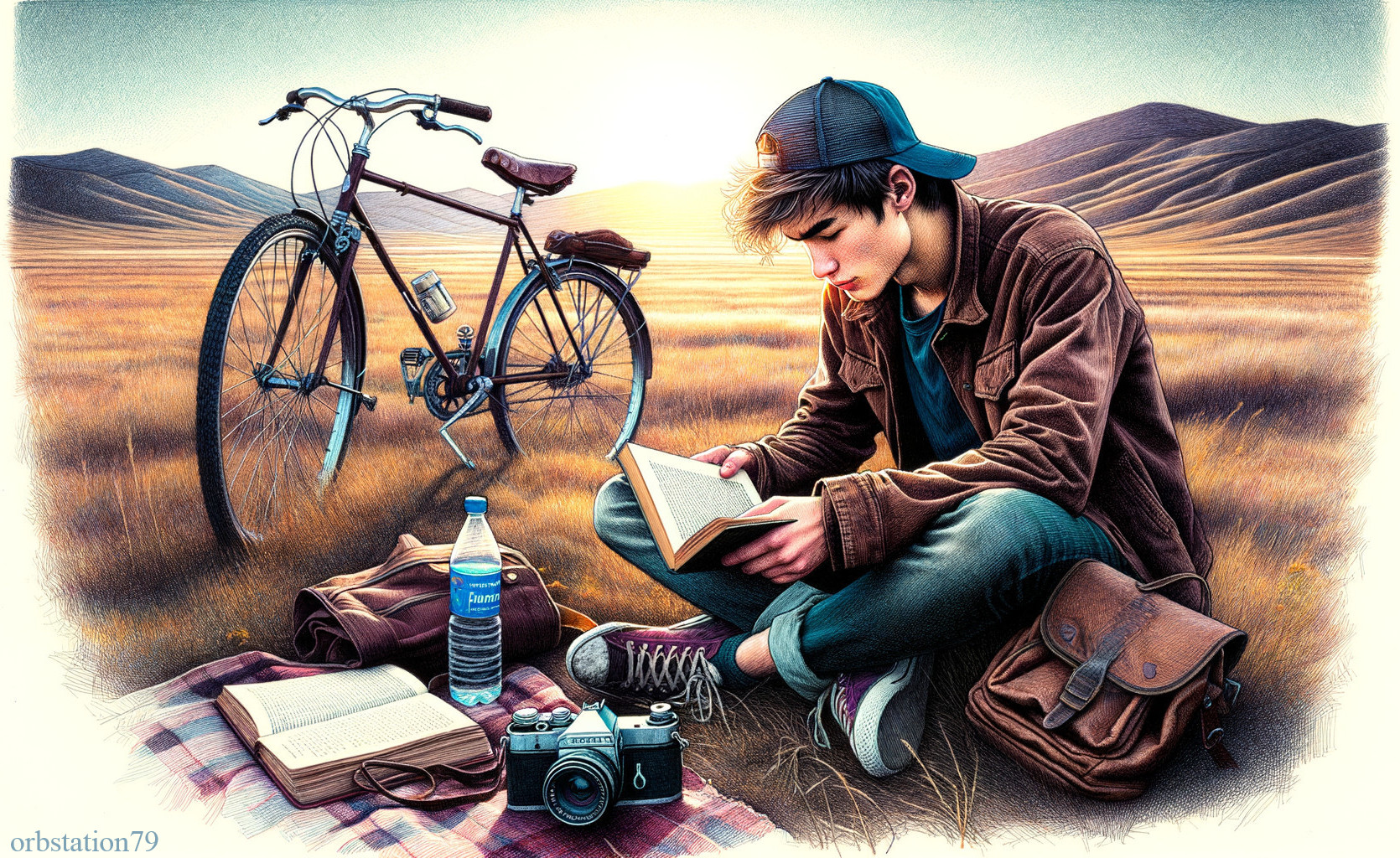 Young man reading in golden field with vintage camera