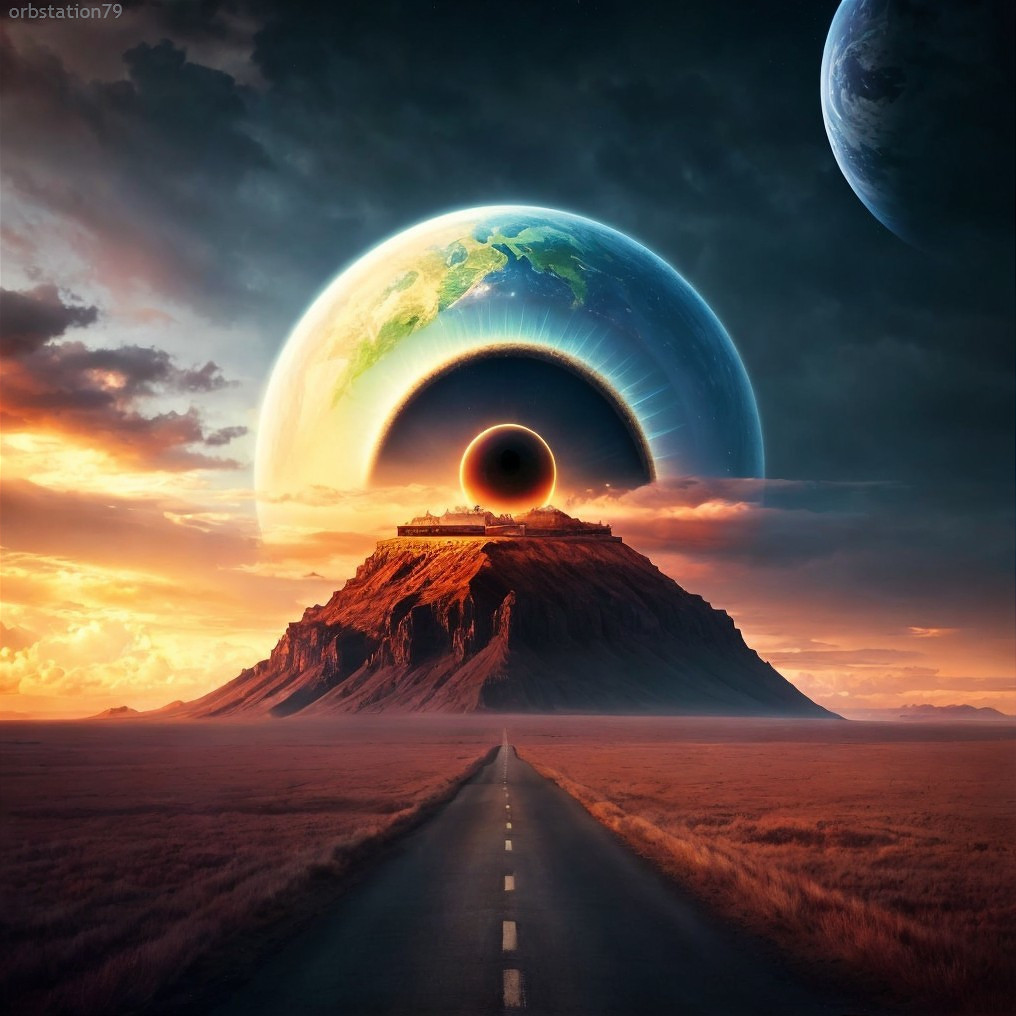 Surreal Landscape with Towering Mountain and Celestial Bodies