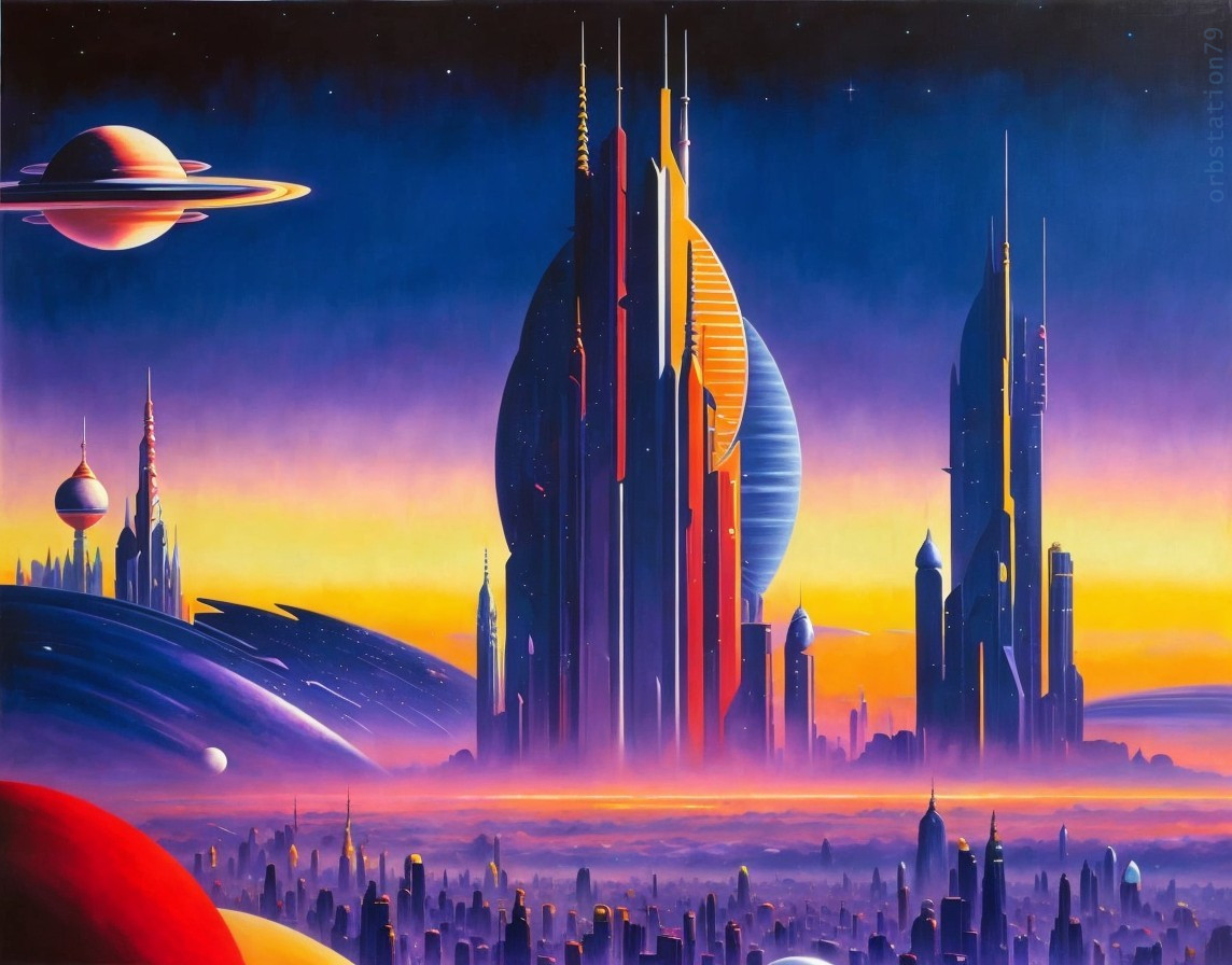 Vibrant futuristic cityscape with towering spires under starry sky