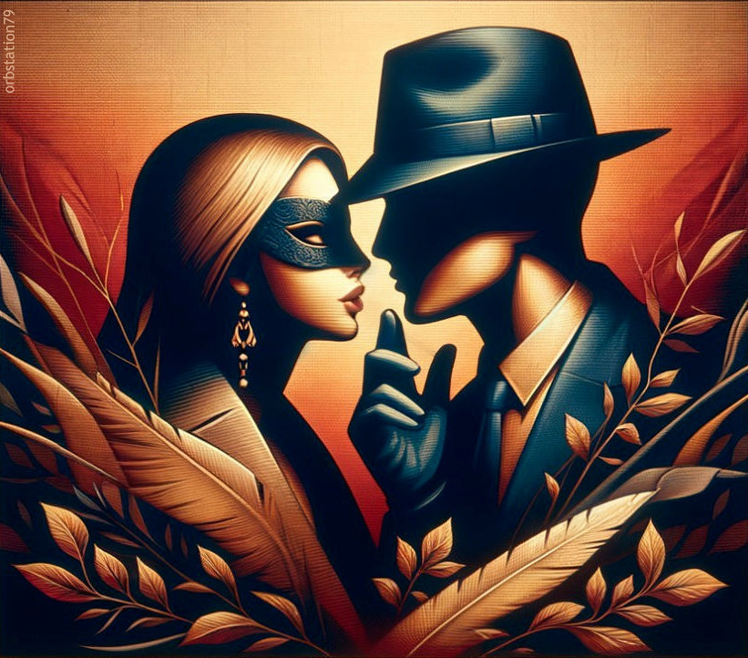 Stylized Illustration of Woman in Mask and Silhouetted Man