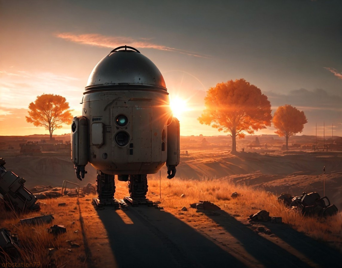 Giant dome-headed robot in tranquil sunset landscape