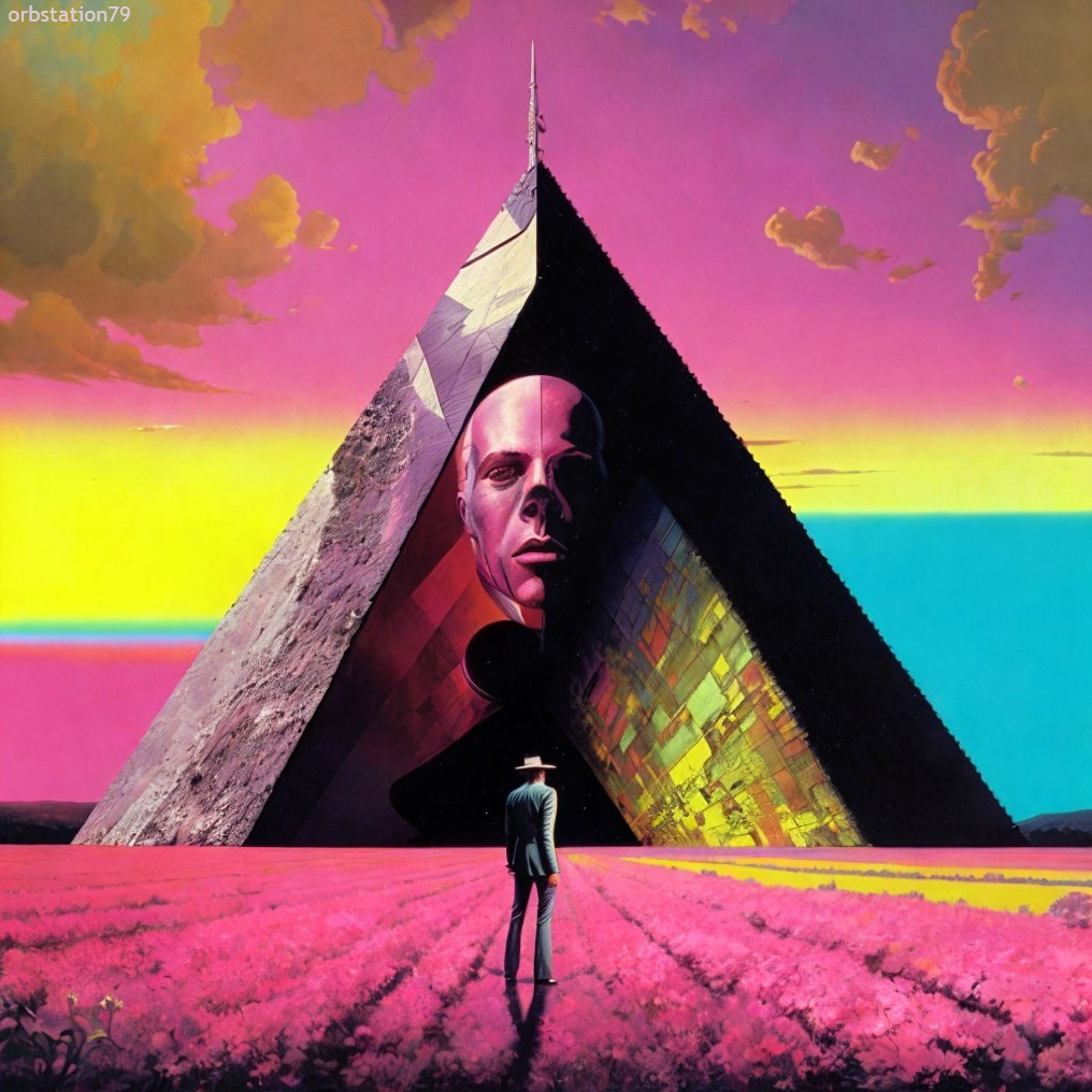 Person standing before giant pyramid with human face in field of pink flowers under colorful sky