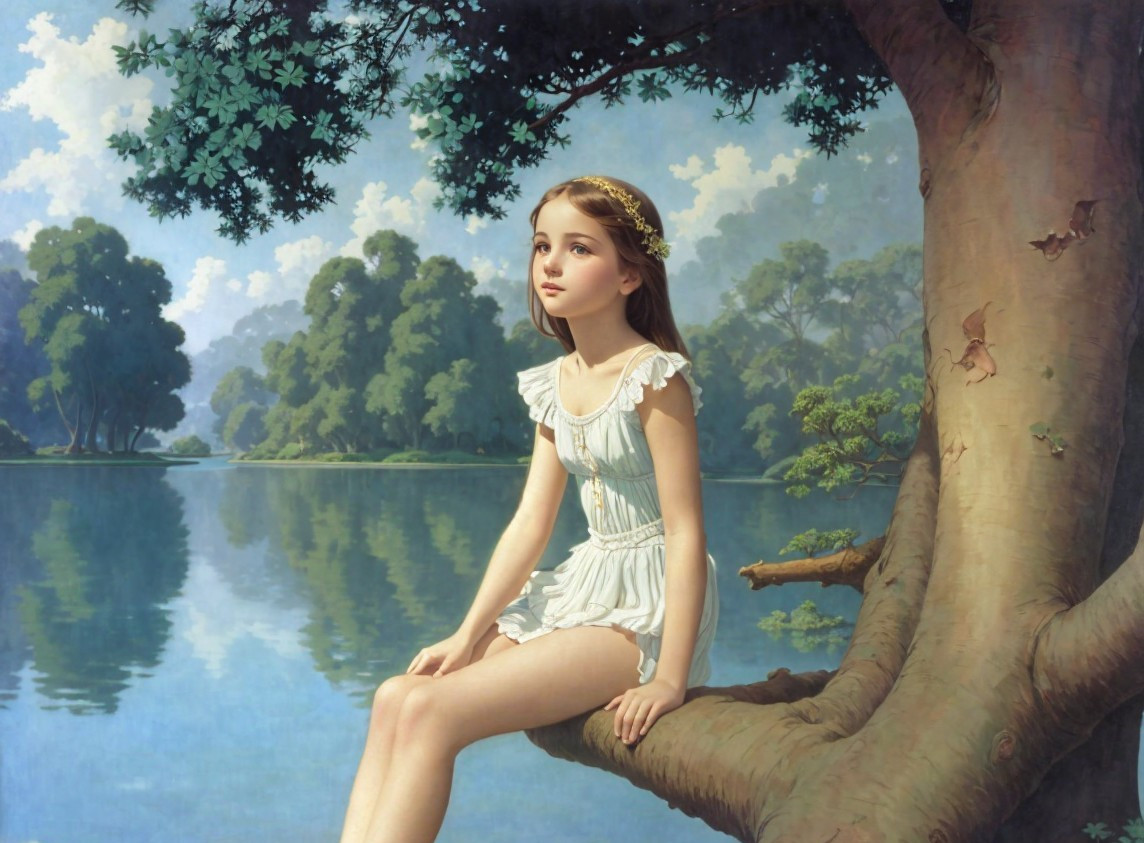 Young Girl on Tree Branch by Tranquil Lake