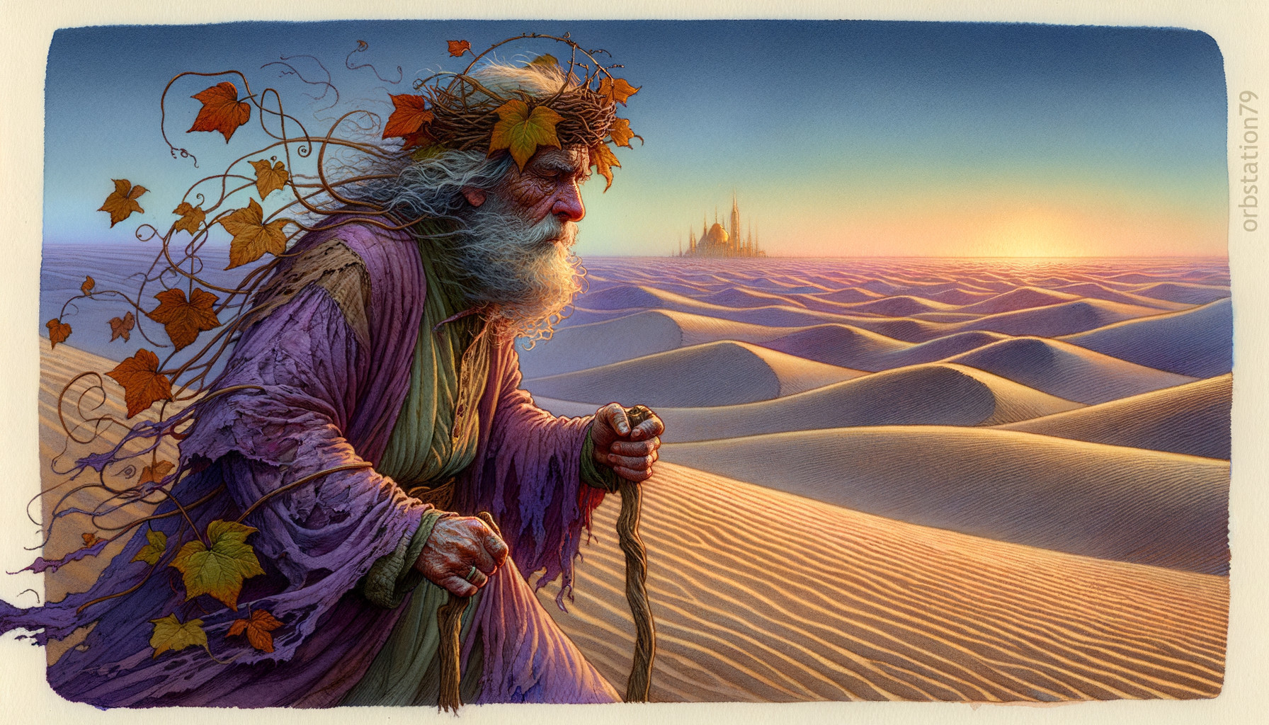 Ancient Figure in Purple Robe Walking Through Sand Dunes