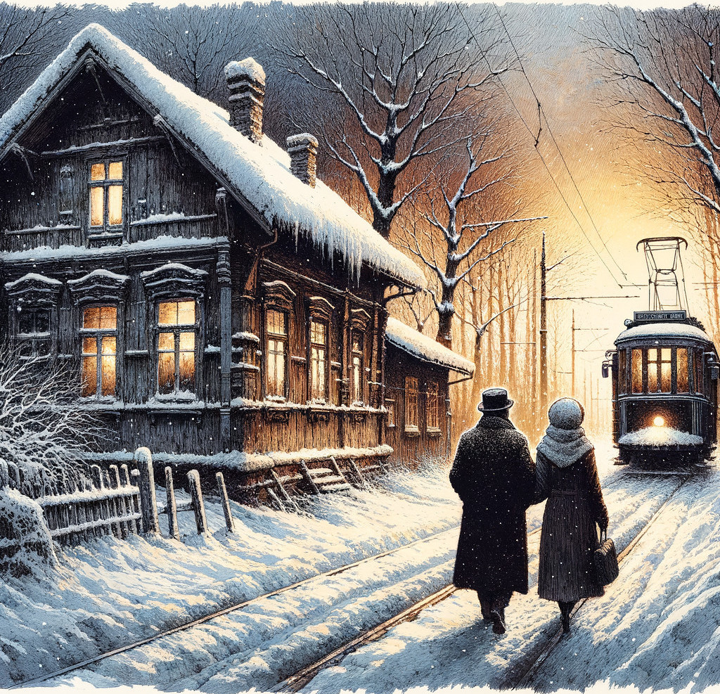 Charming Winter Scene with Snowy Path and Tram