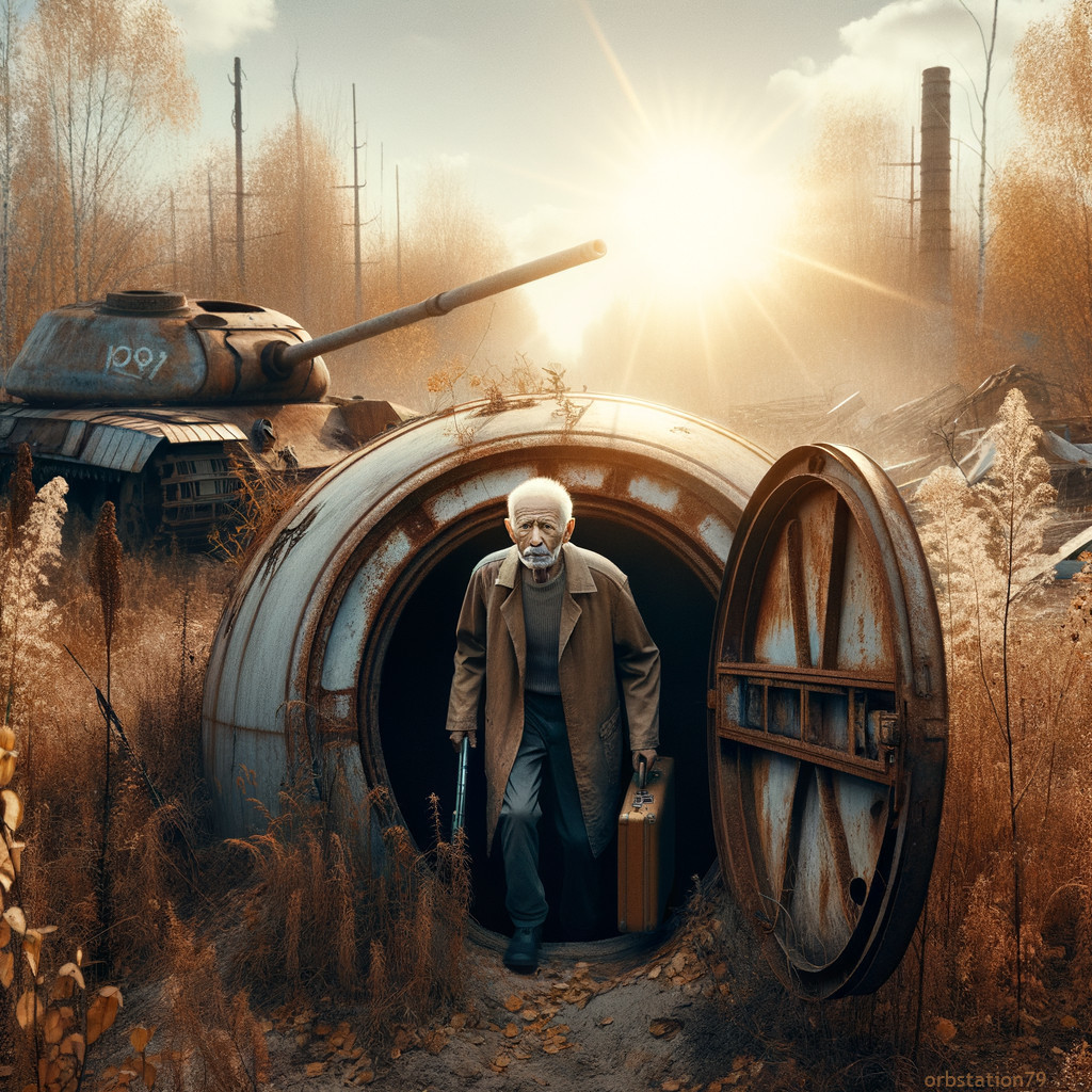 Elderly Man with Suitcase in Desolate Landscape.