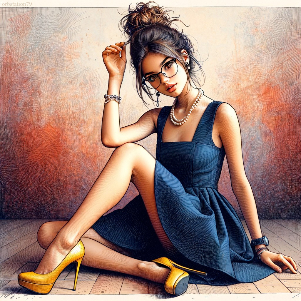 Young woman in navy dress with stylish accessories