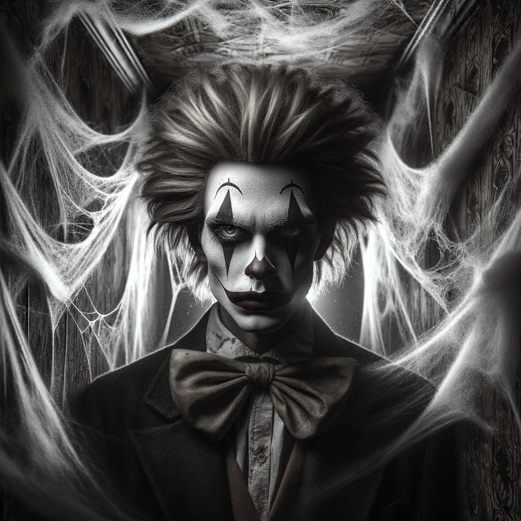 Sinister Clown in Dimly Lit Cobwebbed Corridor