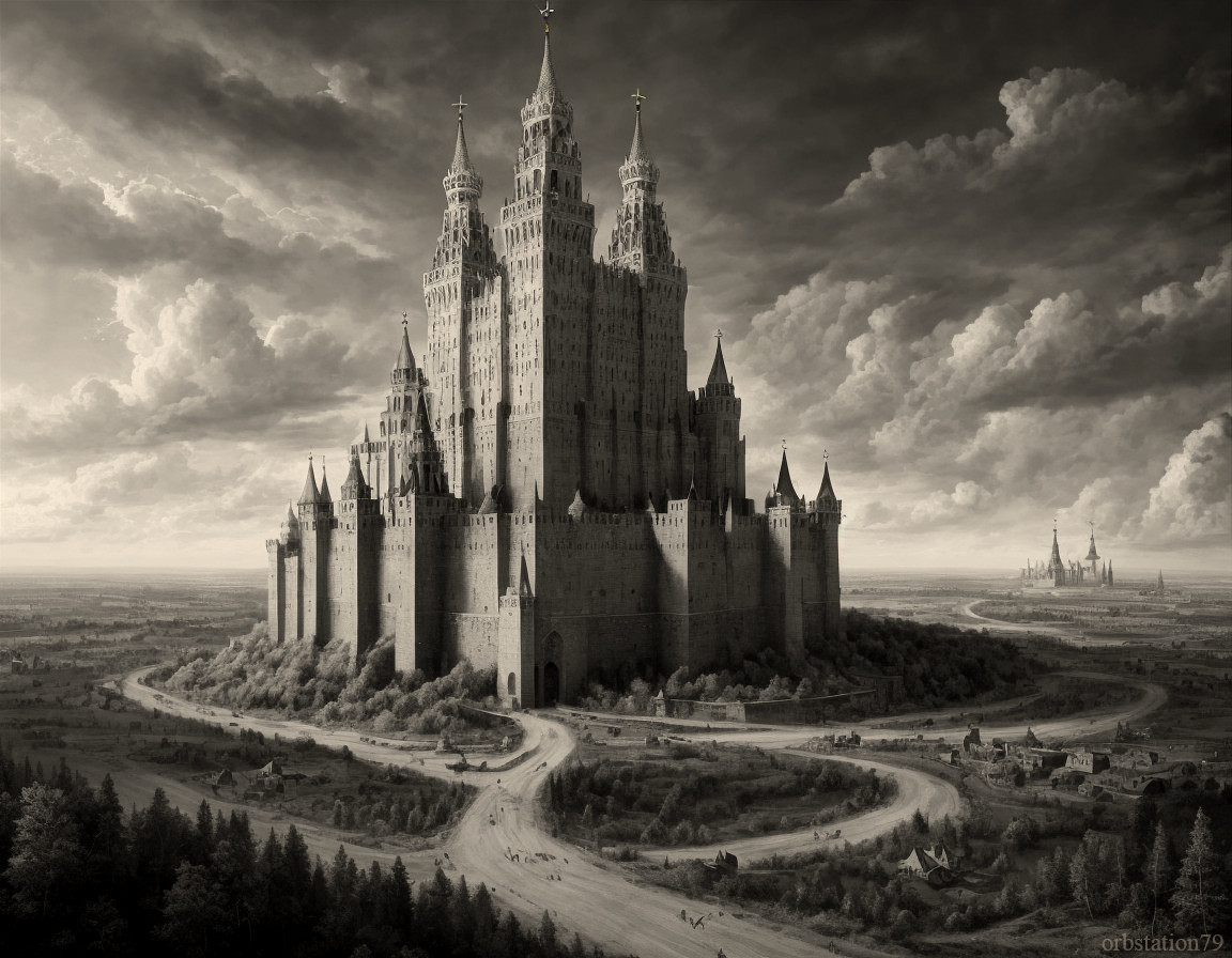 Gothic castle with spires in vast landscape under dramatic sky