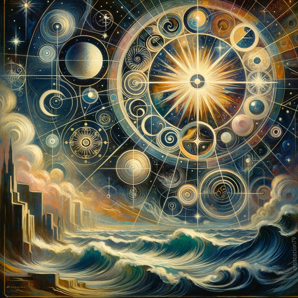 Abstract cosmic painting with geometric patterns and celestial bodies blending into starry sky above abstract landscape