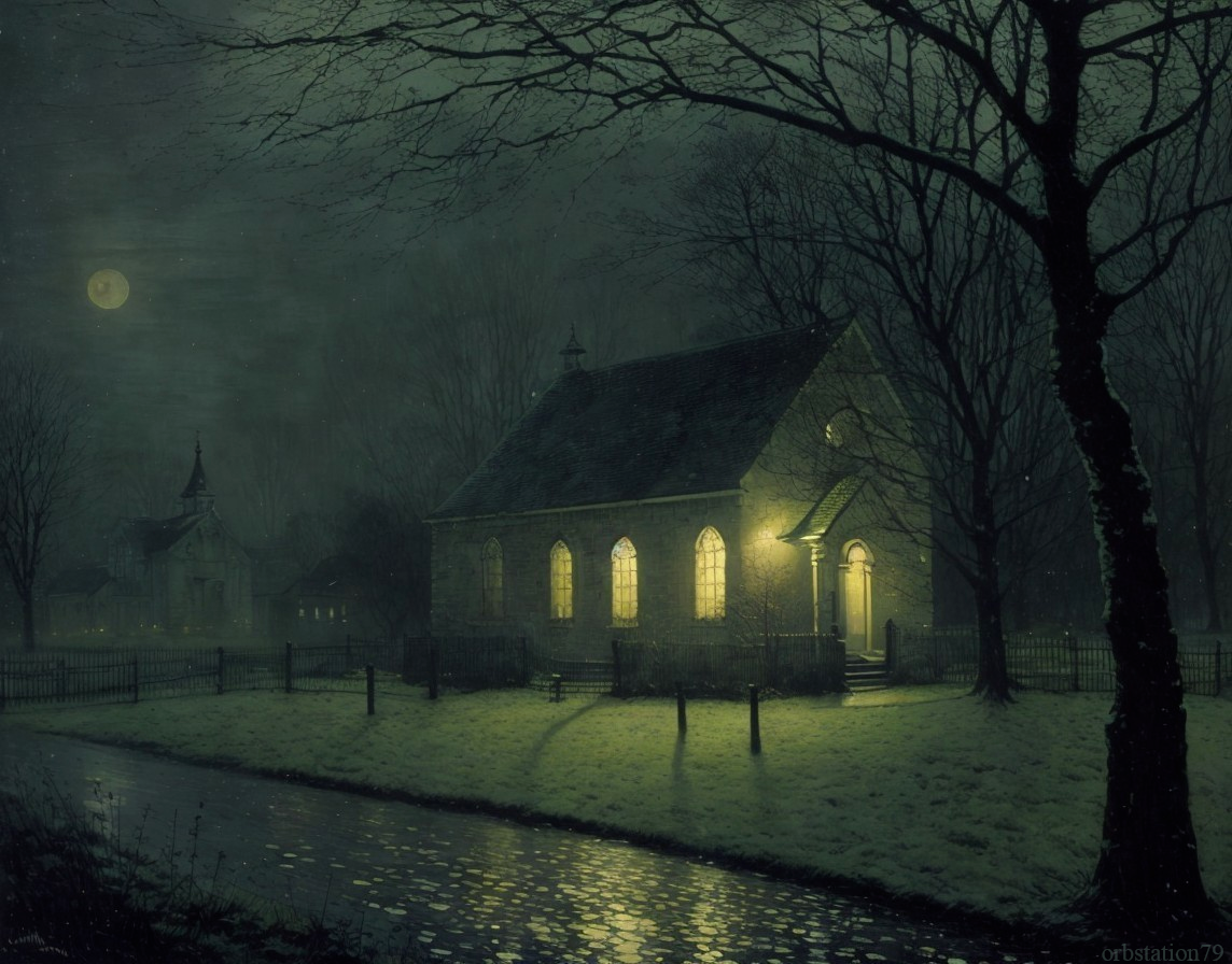 Snow-covered landscape with old church and full moon at night