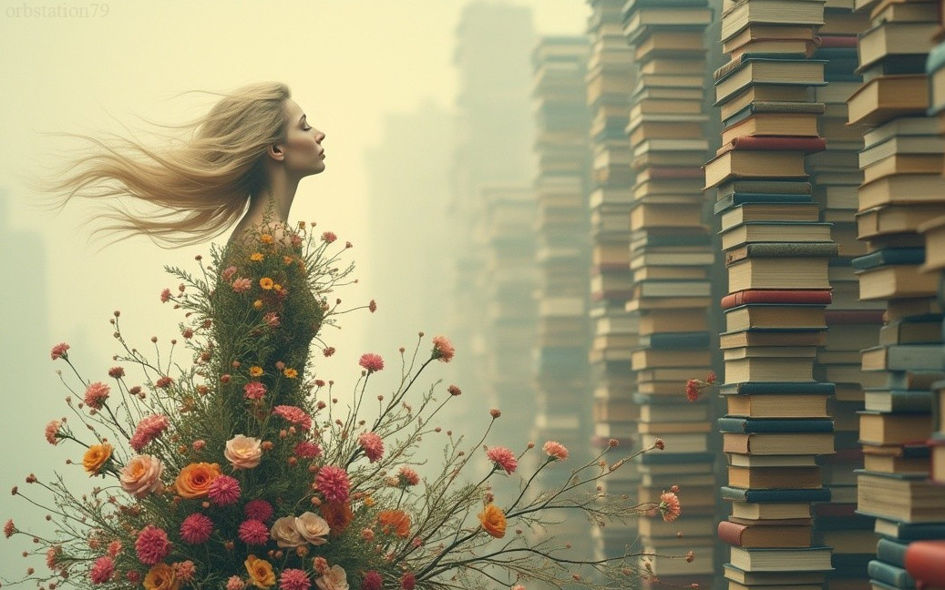 Surreal Scene of Woman in Floral Arrangement and Books