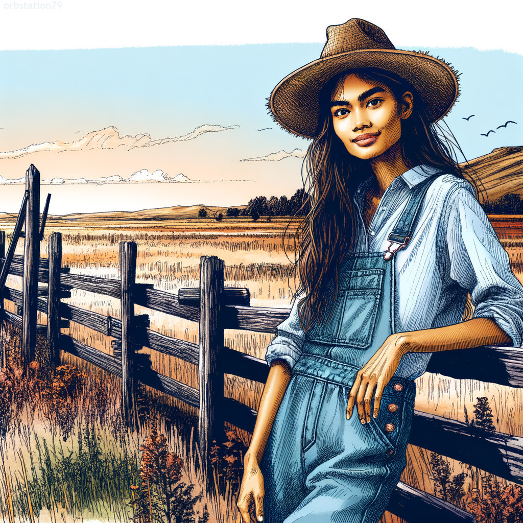 Young Woman in Denim Overalls at Countryside Fence