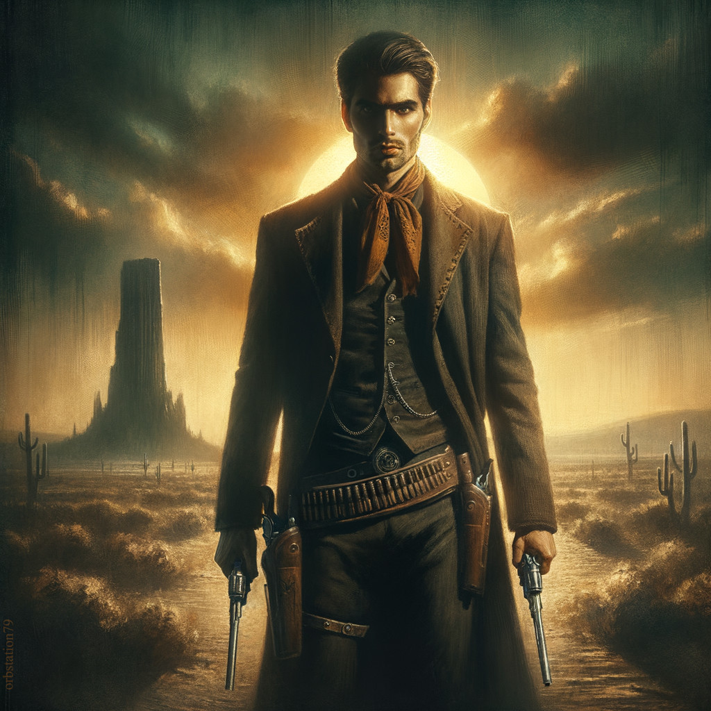 Western man with holster and revolver in desolate landscape with dark tower