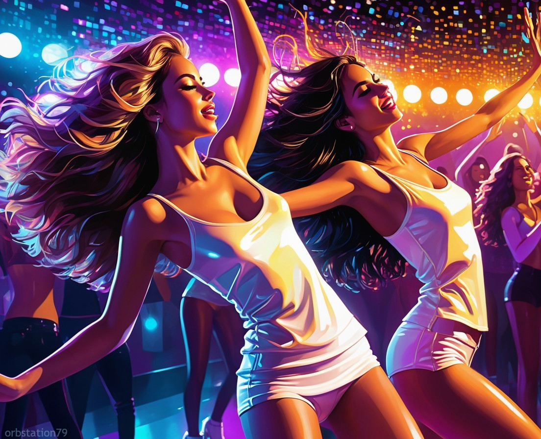 Vibrant Nightclub Scene with Dancing Women and Disco Lights