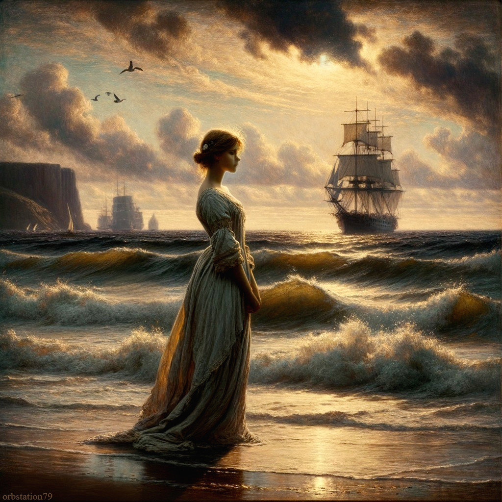 Coastal Scene with Woman at Sunset by the Shore