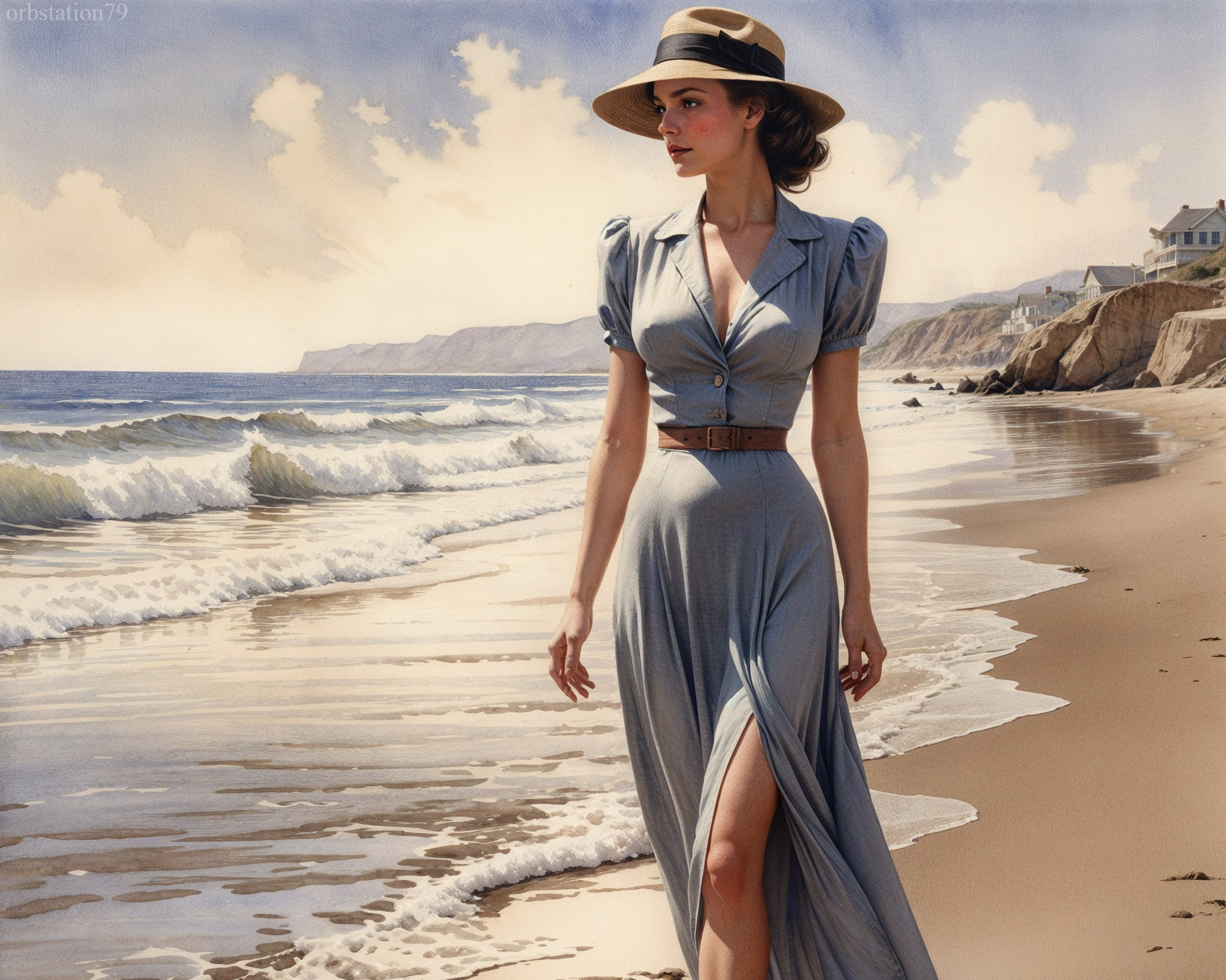 Woman in Light Blue Dress on Sandy Beach