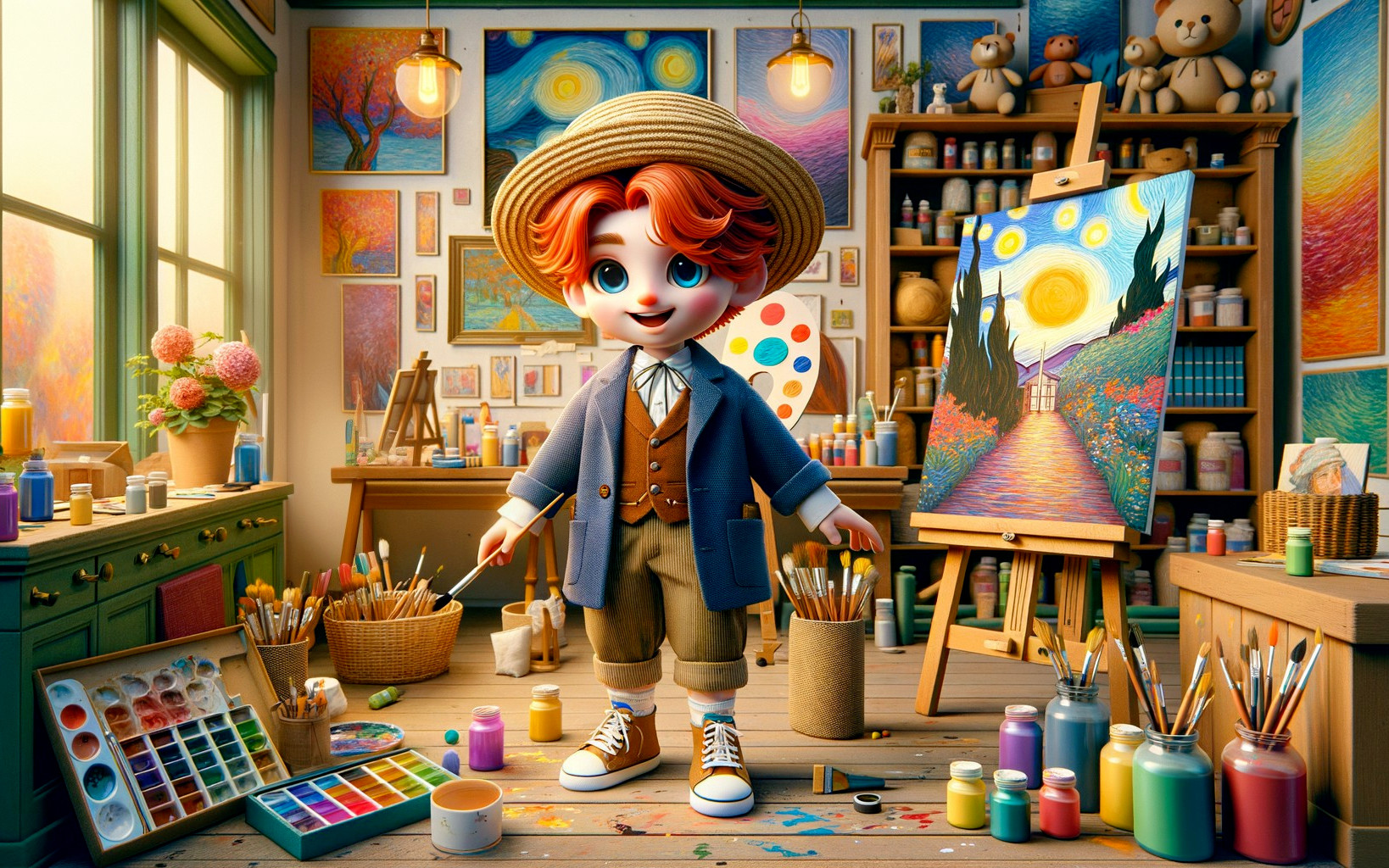 Cheerful Cartoon Boy in Colorful Art Studio Setting