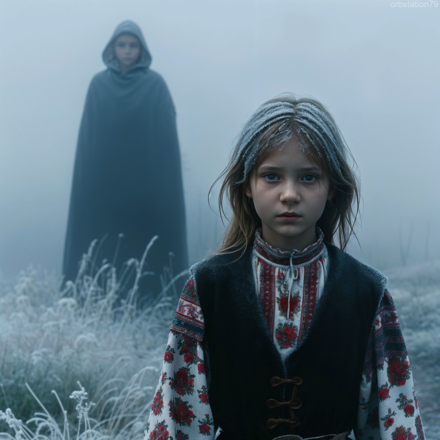 Young girl in foggy, frost-covered landscape scene