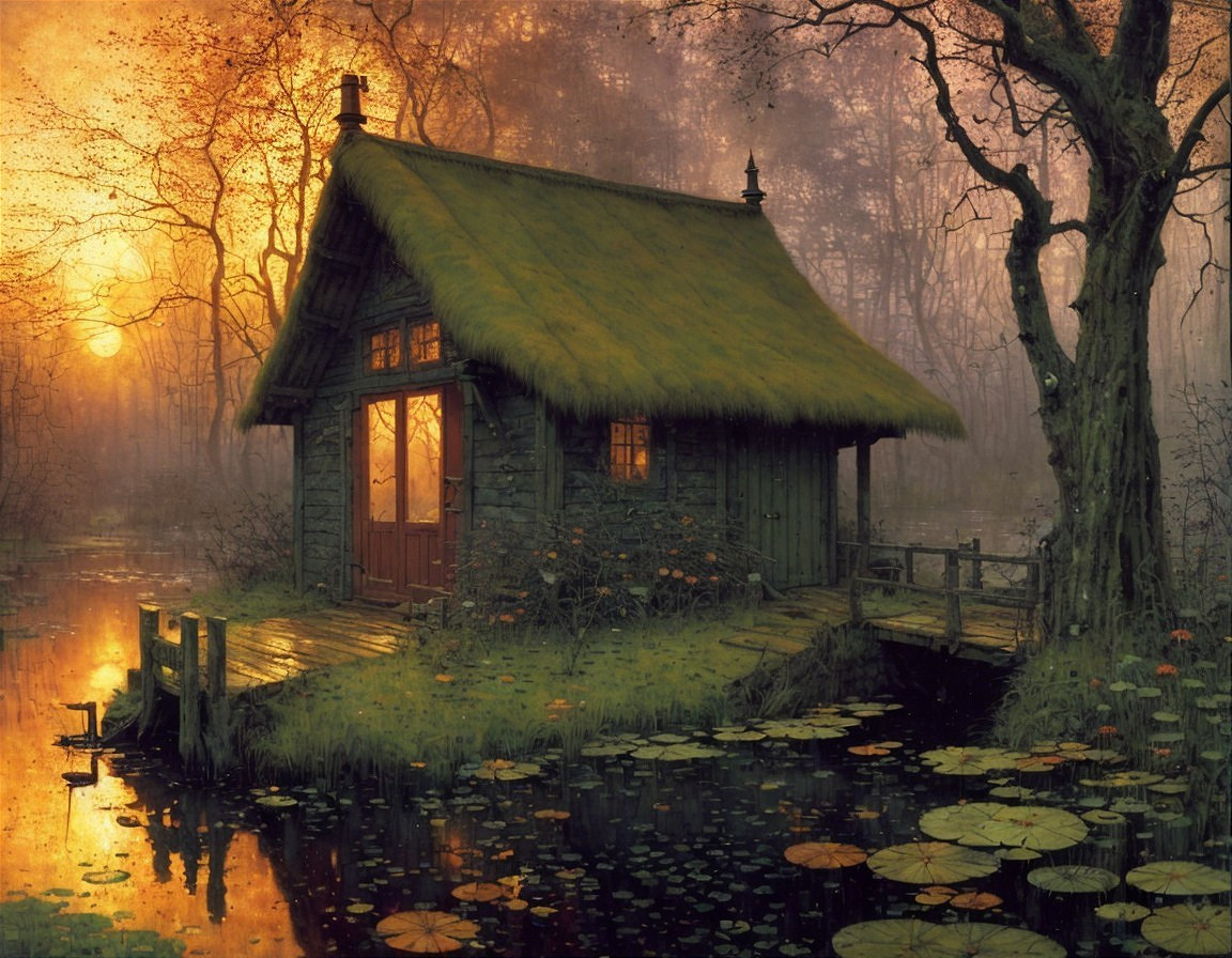 Thatched-Roof Cottage by Pond at Sunset