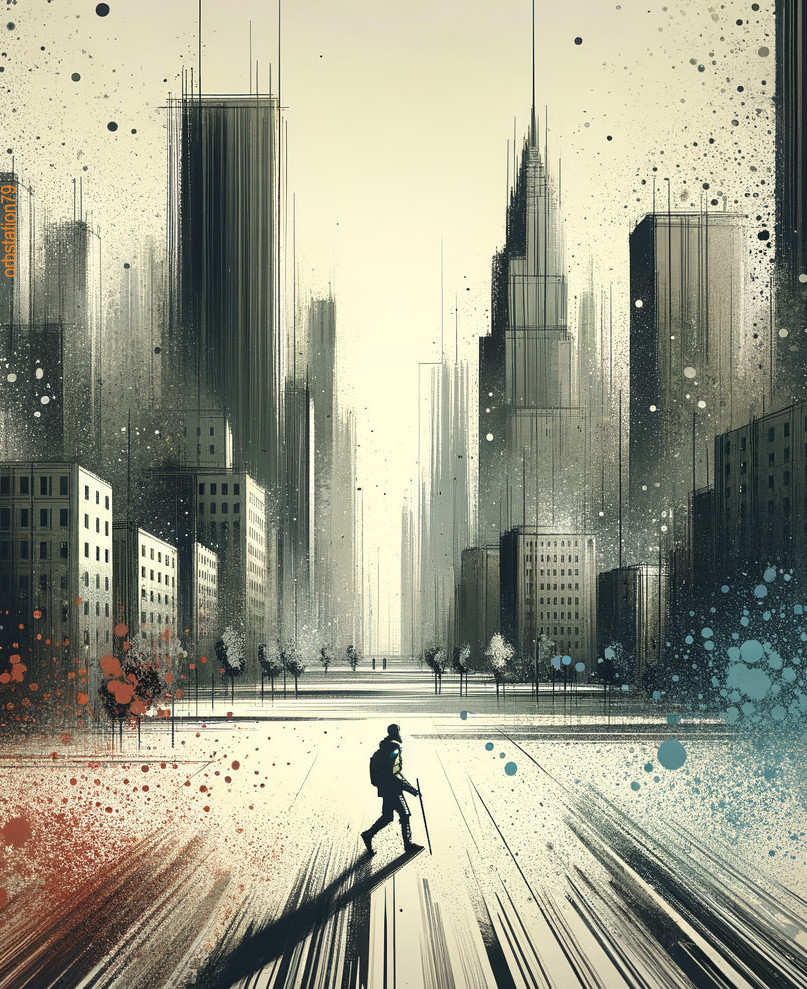 Futuristic Cityscape with Solitary Figure and Color Splashes
