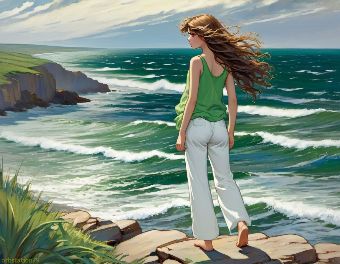 Young Woman on Rocky Shore with Dramatic Sea View