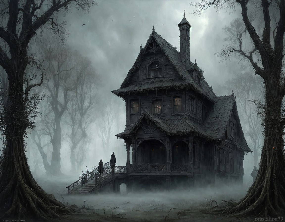 Gothic-style house in foggy forest with figure on bridge
