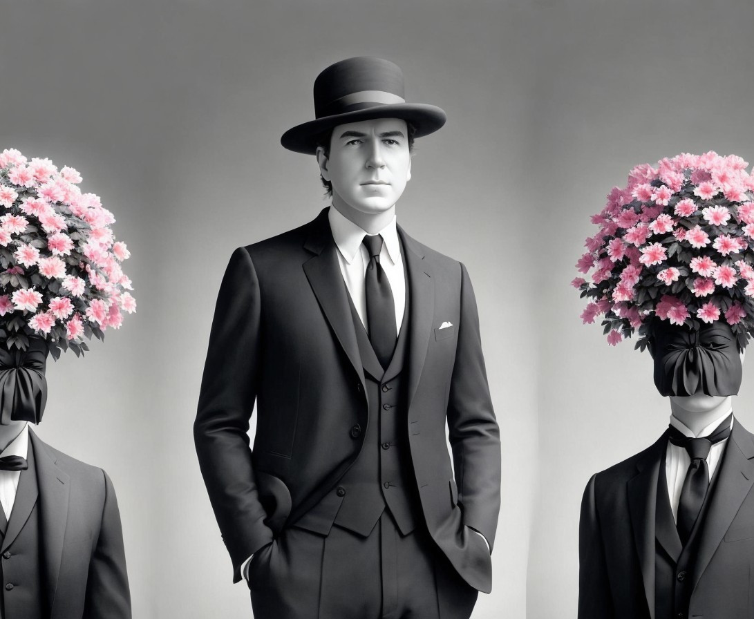 Vintage suit and hat man with floral bouquet head figures on grayscale background
