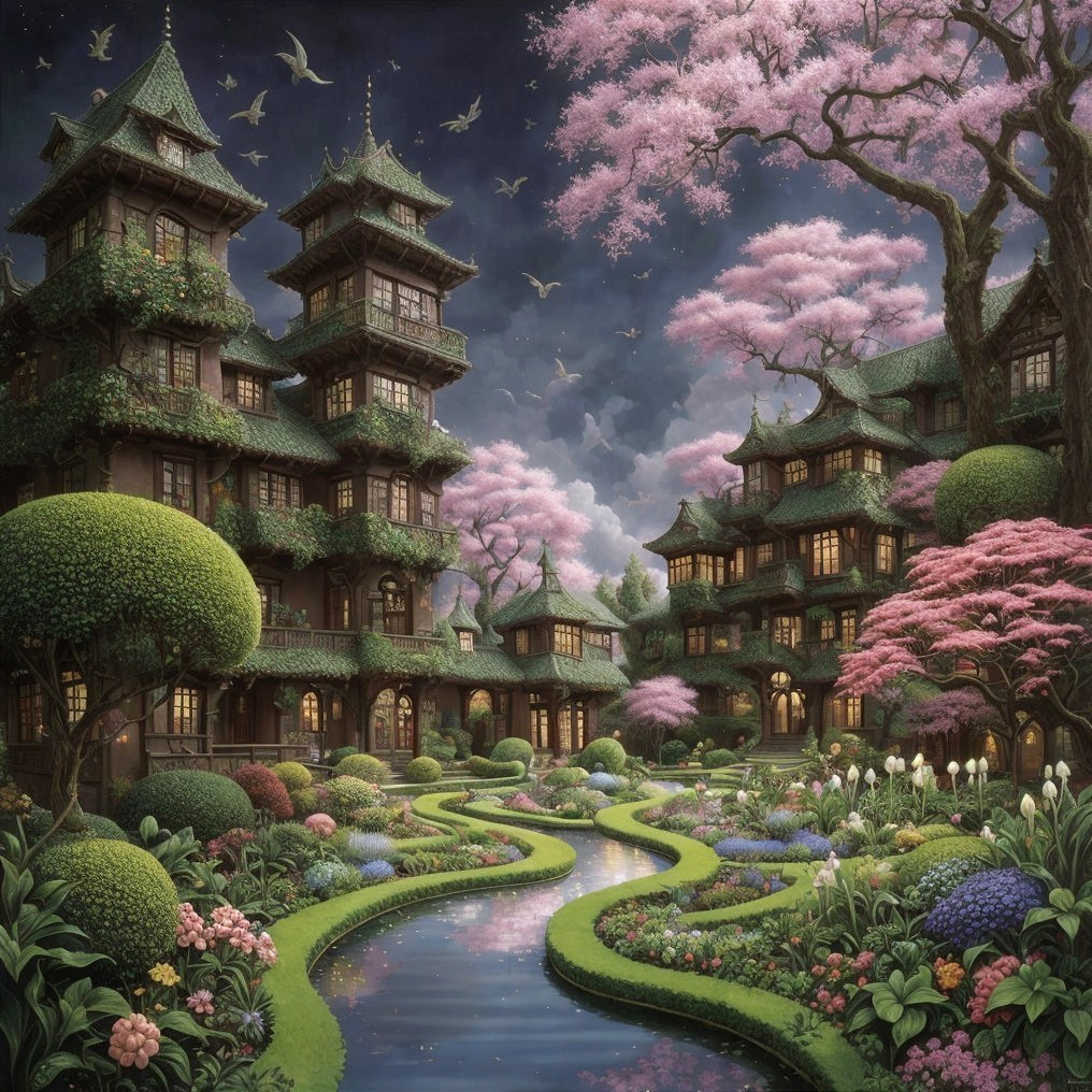 Japanese architecture in serene garden with cherry blossoms, stream, and twilight sky