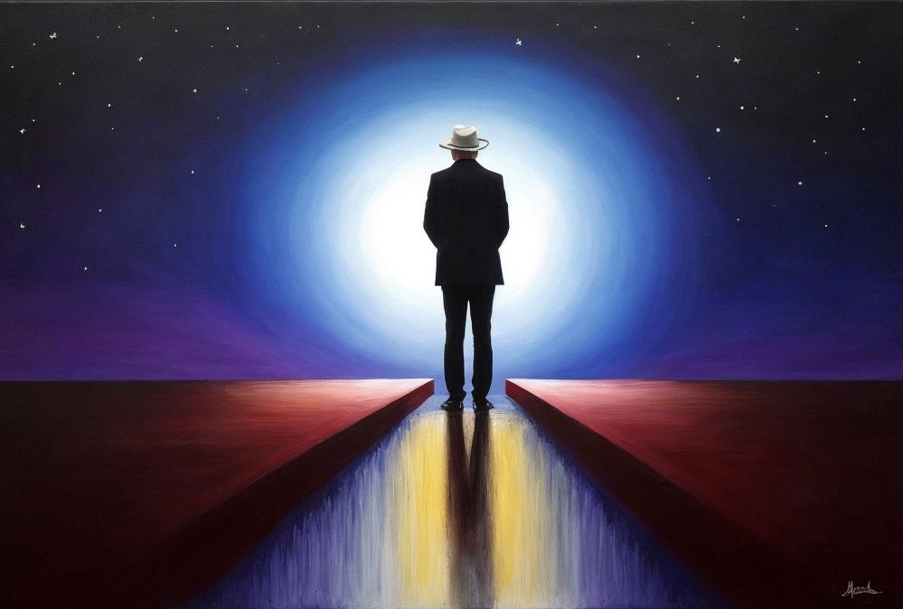 Silhouette of person in hat under starry sky with luminous celestial body