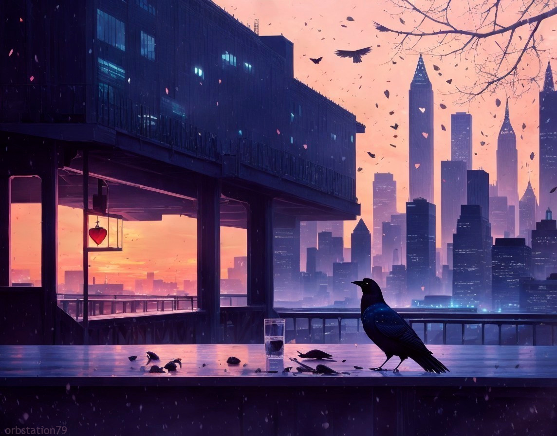 Urban Landscape at Dusk with Raven Silhouette