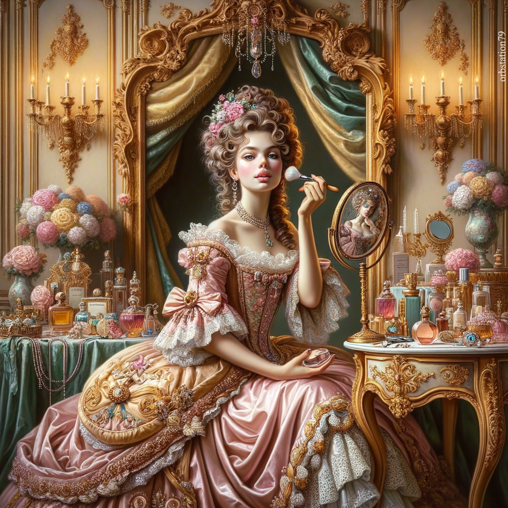 Young Woman at Lavish Vanity in Elegant Gown