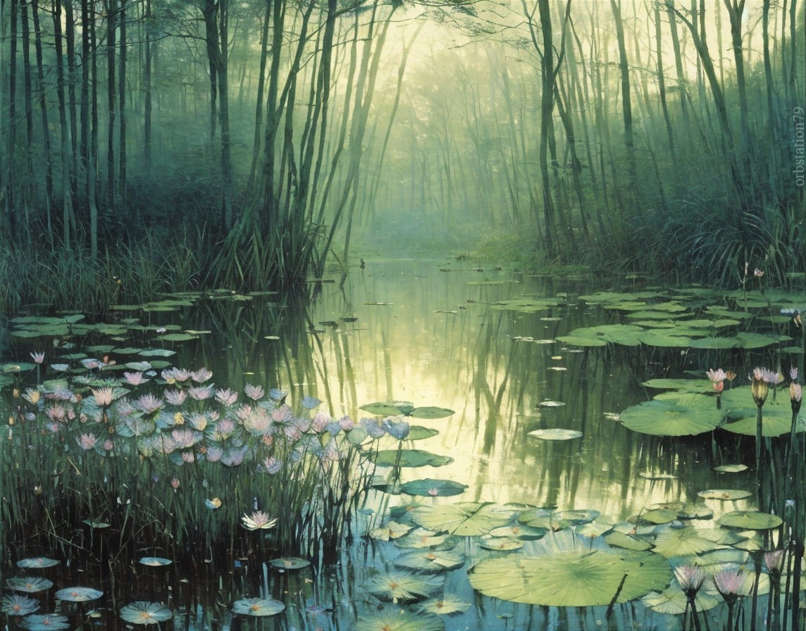 Misty Landscape with Tranquil Pond and Water Lilies