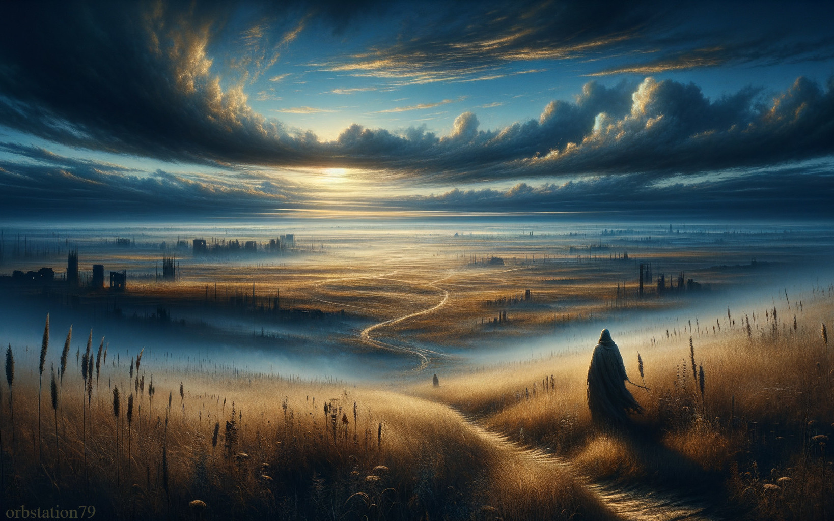 Solitary Figure in Golden Field with Dramatic Sky