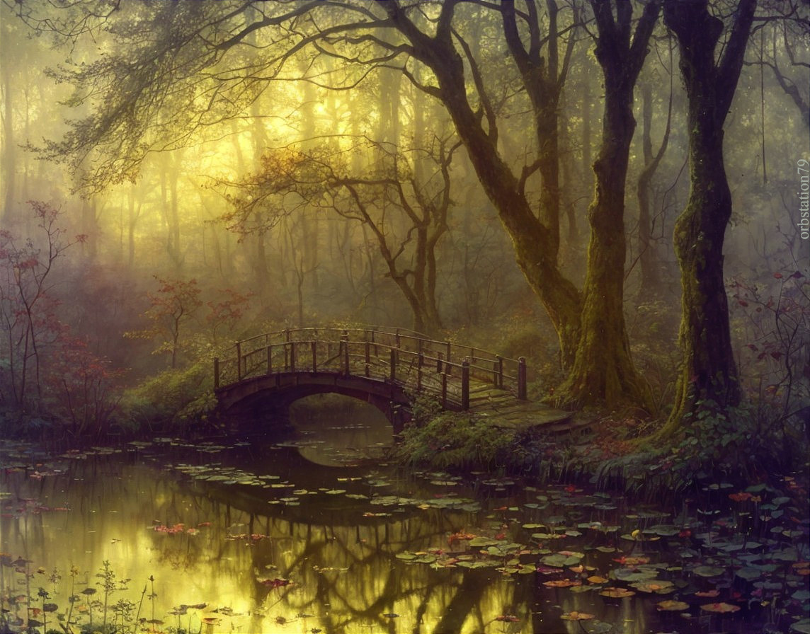 Serene Forest Scene with Wooden Bridge and Pond