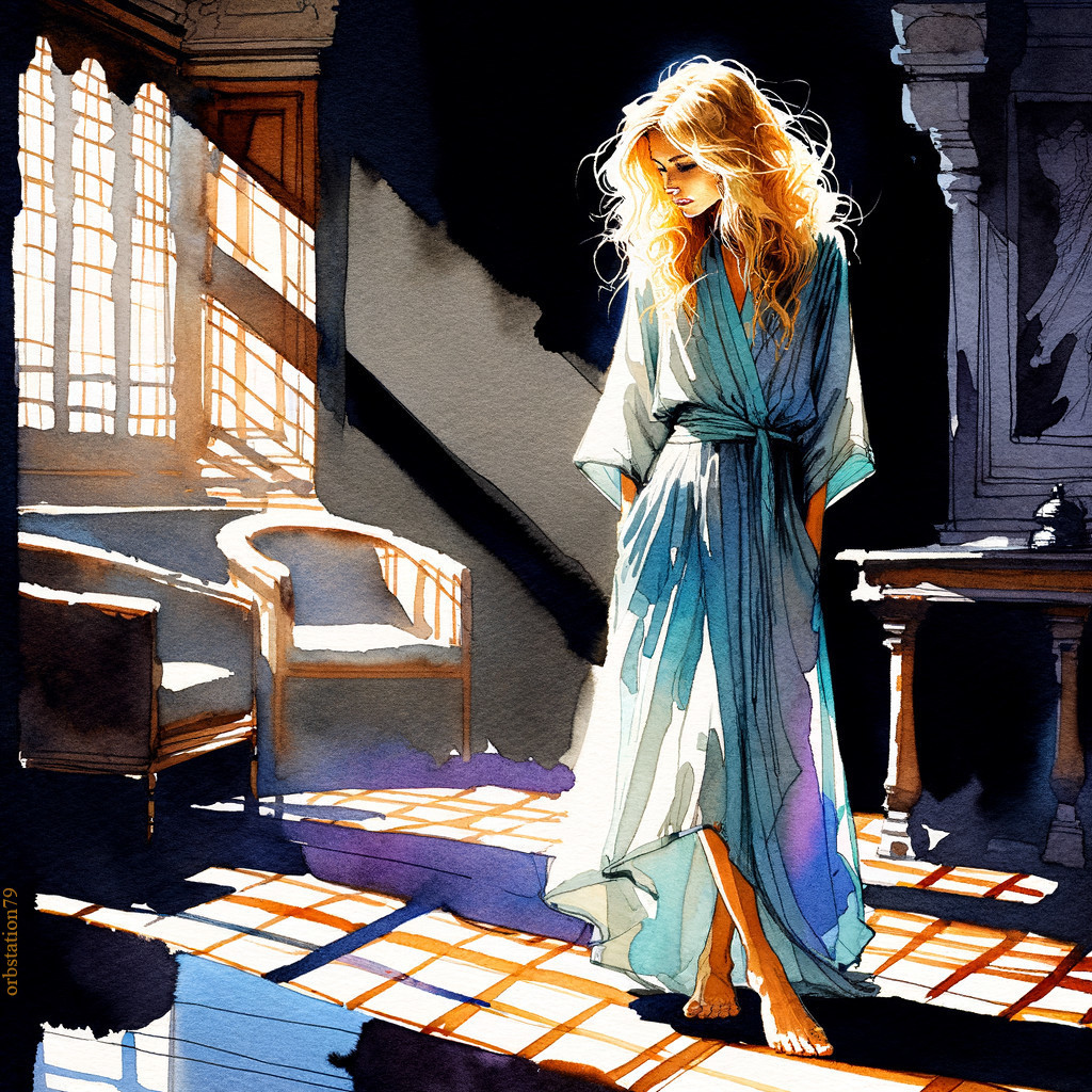 Woman in flowing robe in sunlit room with shadows