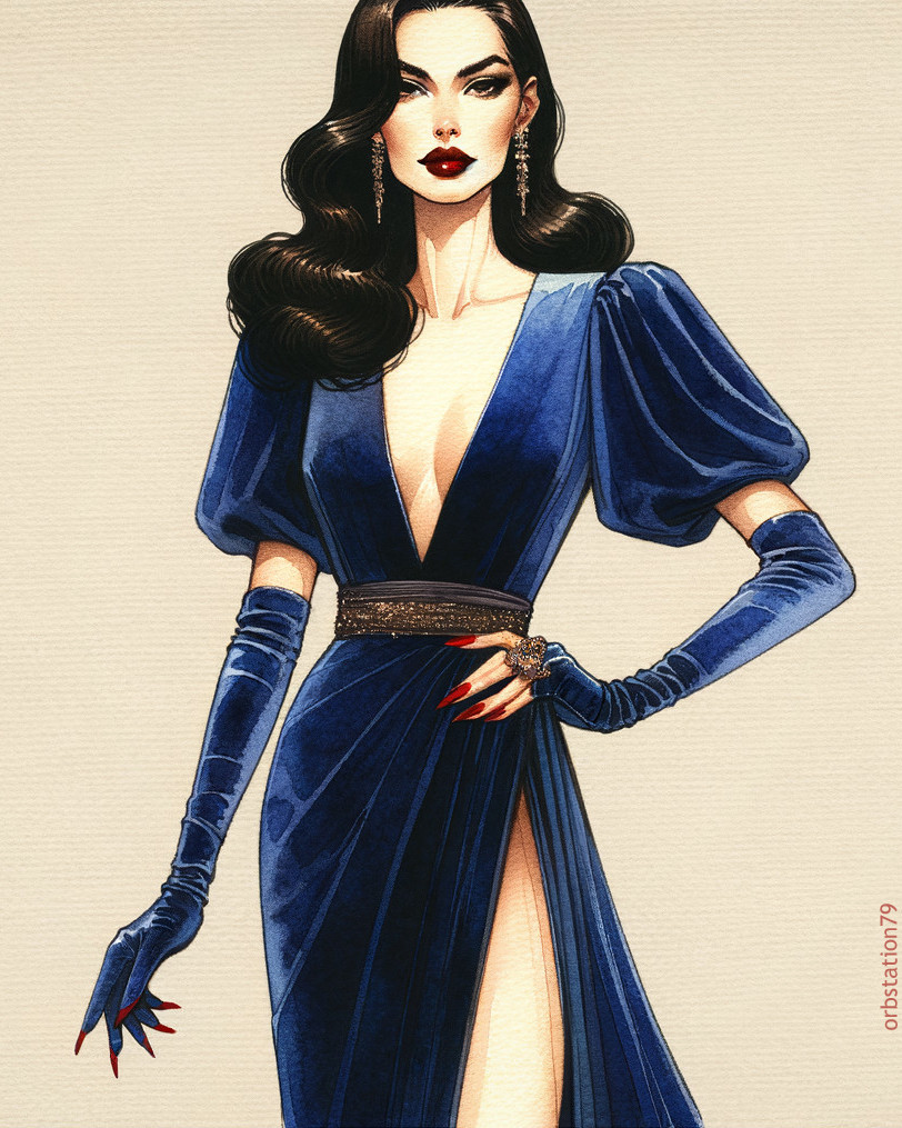 Elegant Woman in Deep Blue Gown with Dramatic Silhouette