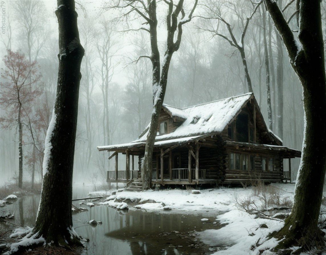 Rustic log cabin in a serene snow-covered forest
