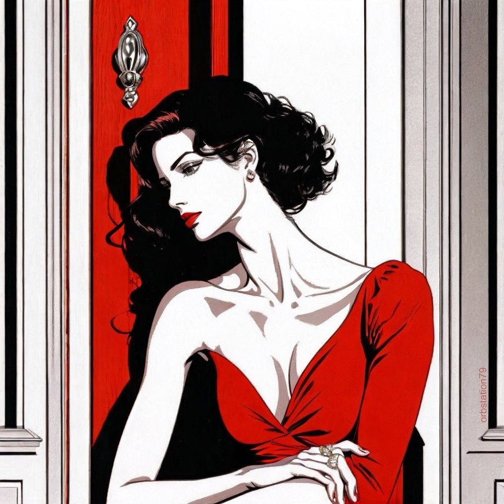 Woman in red dress by white door with red panels