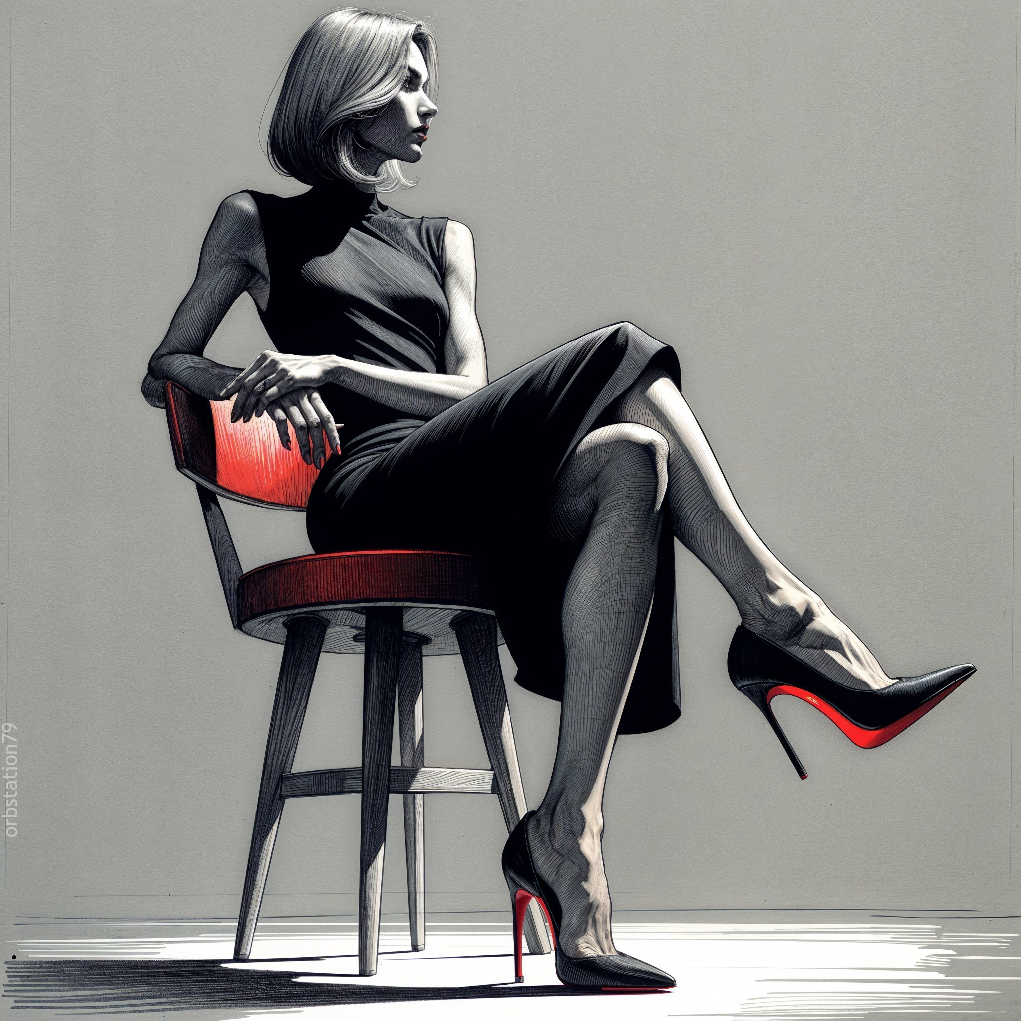 Elegant Woman in Black Dress on Wooden Chair