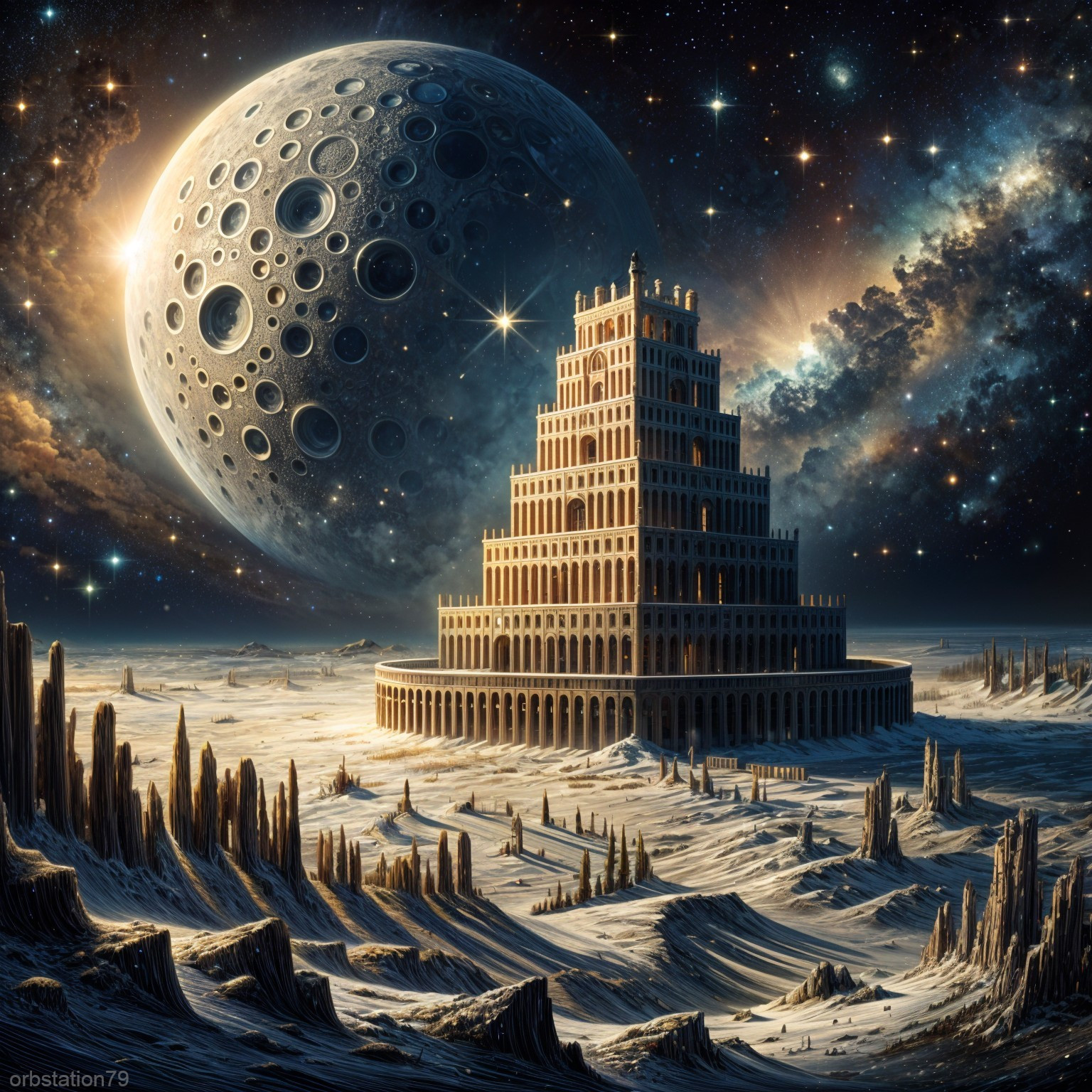 Ancient Tower in Surreal Landscape with Cratered Moon