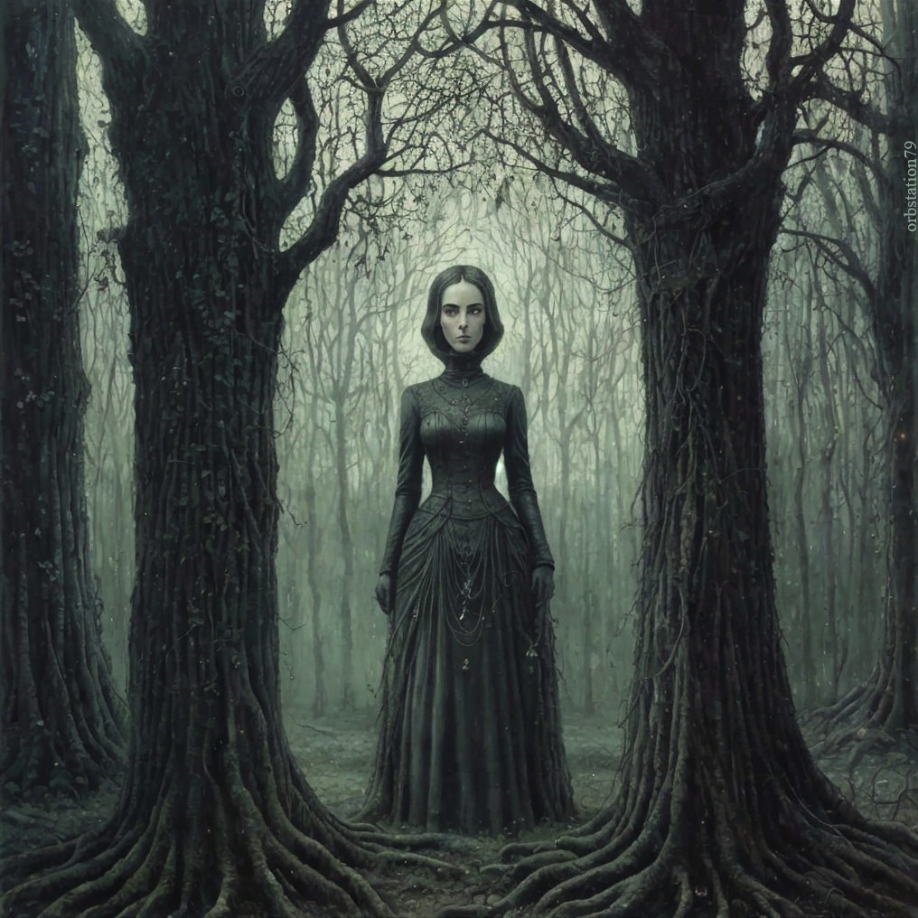 Mysterious Woman in Enchanted Shadowy Forest