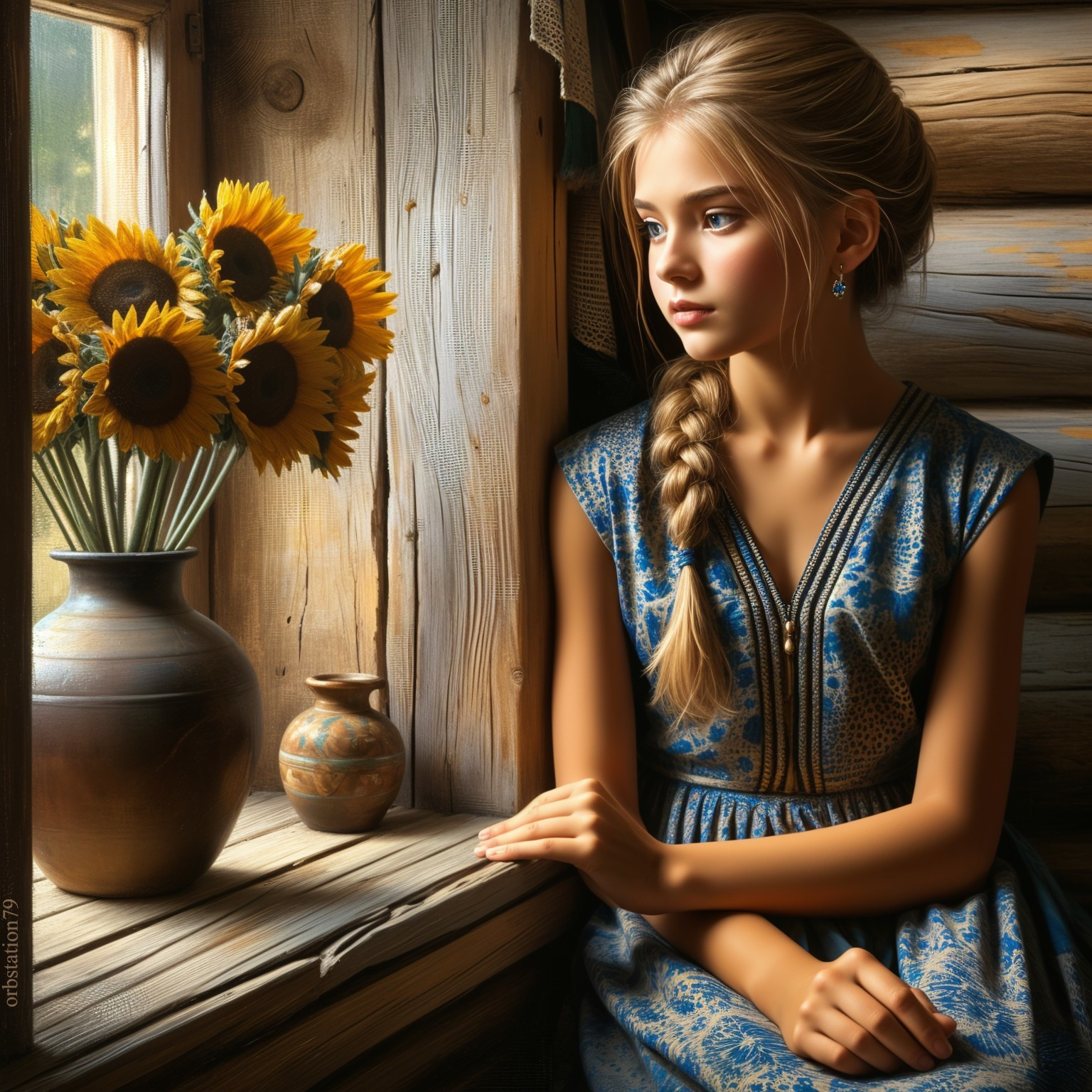 Young girl in blue dress by rustic window with sunflowers