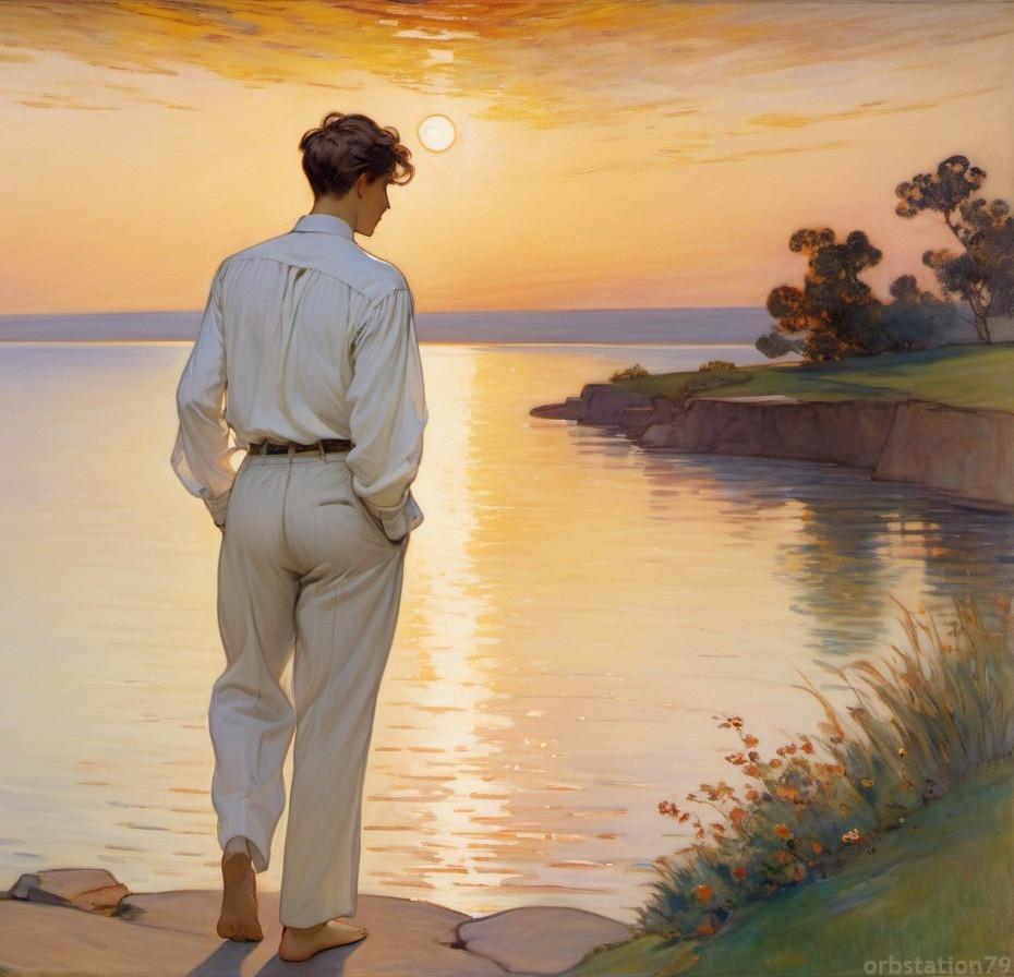 Contemplative Figure at Sunset by Tranquil Lake