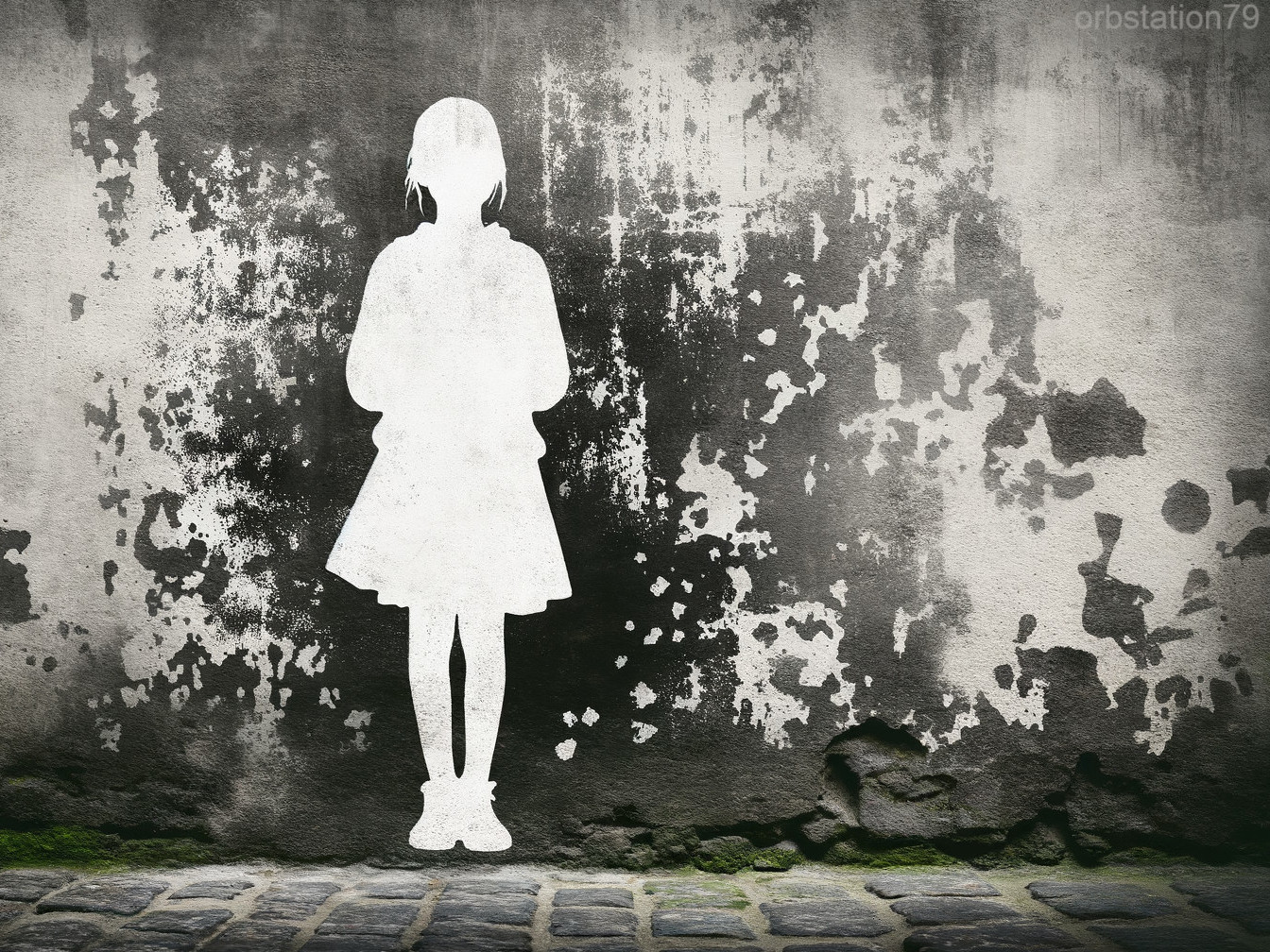 Monochromatic Mural of a Girl on Weathered Wall