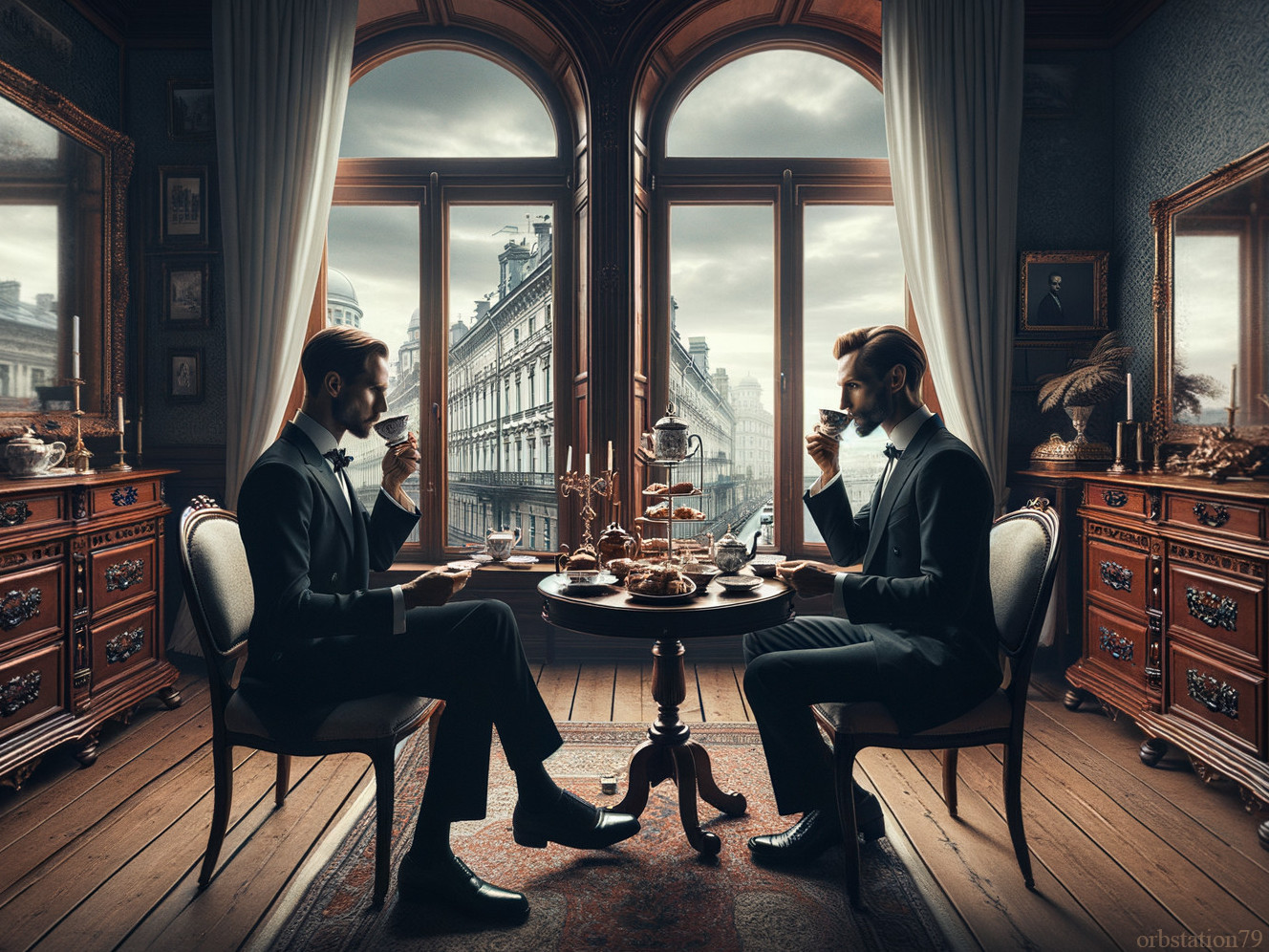 Elegantly Dressed Men Enjoying Tea in Vintage Room