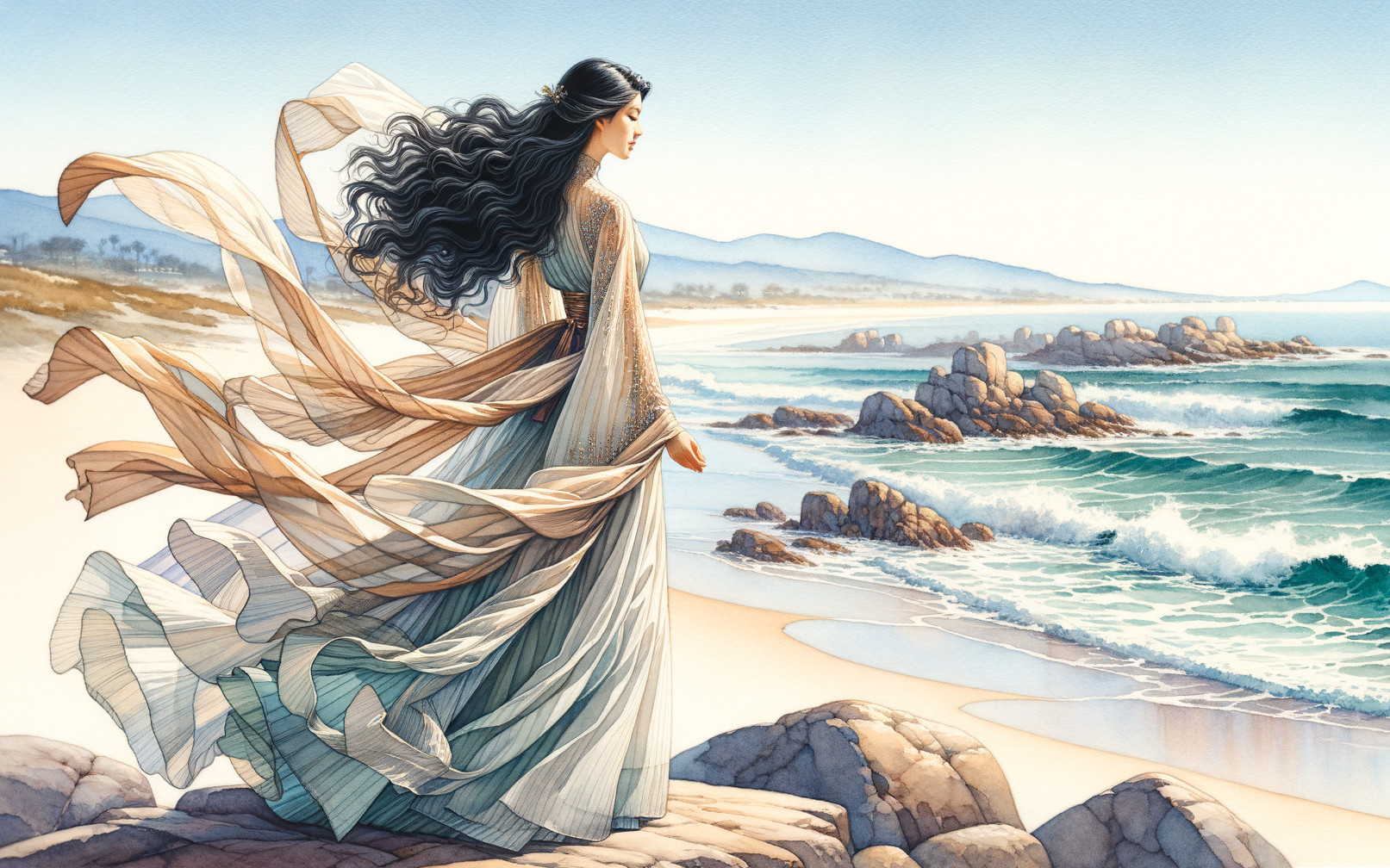 Graceful Woman on Rocky Ledge by the Sea