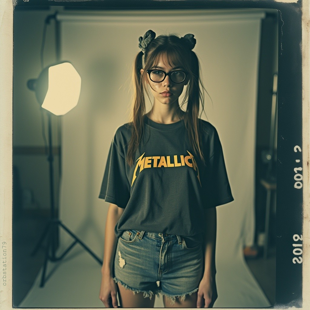 Young Woman in Metallica T-Shirt and Denim Shorts