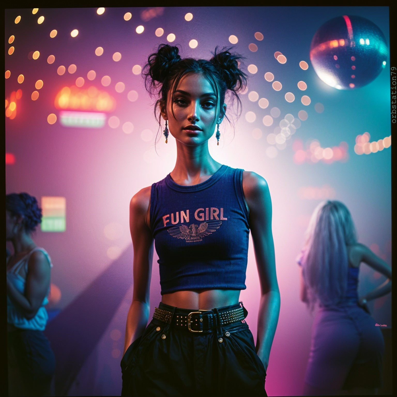 Young woman in vibrant setting with "FUN GIRL" top