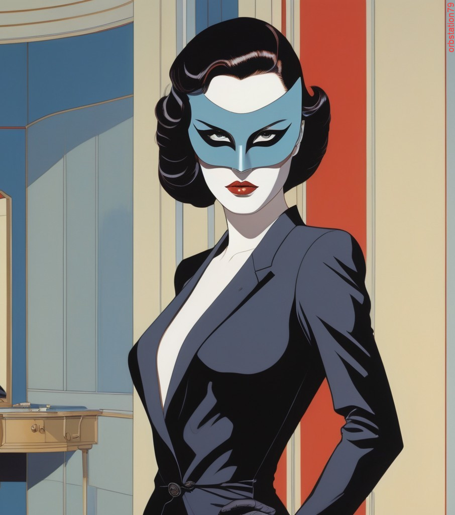 Stylized Illustration of Woman in Gray Suit by Blue Door